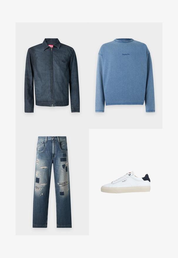 Veste bleu foncé en denim avec un design structuré, fermeture éclair frontale intégrale et col à revers. Présente un motif à carreaux subtil et un logo.; Sweat-shirt bleu à manches longues avec col rond, brodé du texte "Replay Inc." en petites lettres bleu foncé centrées sur la poitrine.; Jean en denim avec des patches déchirés et des nuances de bleu variées, présentant une coupe droite et un design traditionnel à cinq poches.; Baskets basses blanches avec semelle beige, lacets blancs, languette de talon noire et logo "Pepe Jeans London" sur le côté.