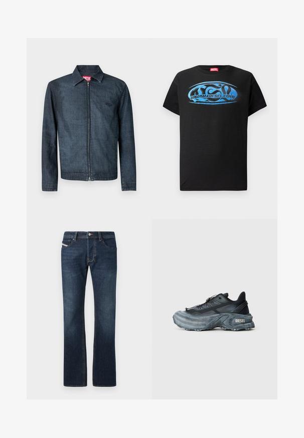 Chaqueta azul oscuro de mezclilla con un diseño estructurado, cremallera frontal completa y cuello con solapa. Presenta un sutil patrón de cuadros y un logo.; Camiseta de manga corta negra de algodón, con un diseño gráfico azul que incluye el texto "www.diesel.com" en el frente.; Jeans de mezclilla azul oscuro con corte recto, cinco bolsillos y detalles de costura sutiles. Cuenta con cierre de botón metálico y cremallera.; Zapatilla Diesel en negro y gris con suela gruesa, cierre de cordón y diseño texturizado sobre un fondo liso de color gris claro.