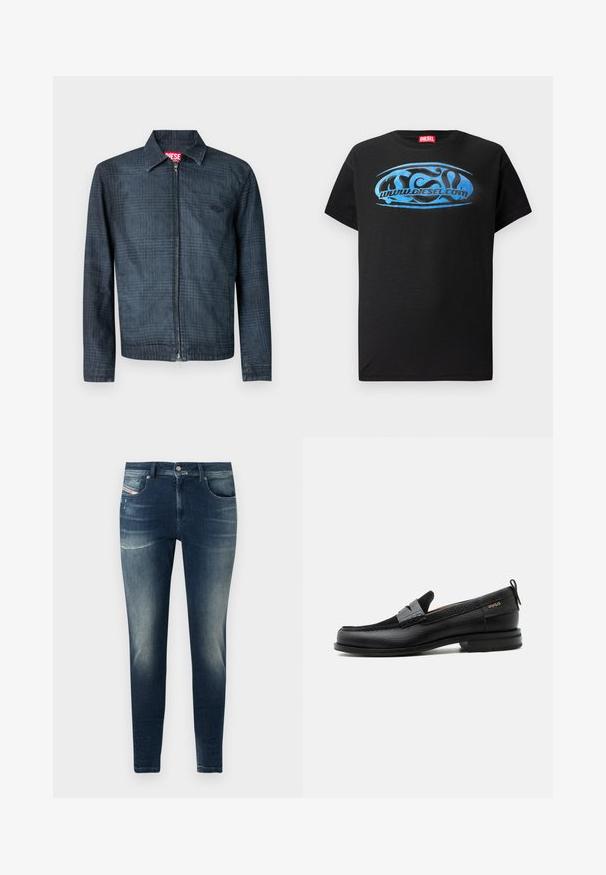 Dunkelblaue Jeansjacke mit strukturiertem Design, durchgehendem Reißverschluss vorne und einem Kragen. Verfügt über ein dezentes Karo-Muster und ein Logo.; Schwarzes T-Shirt mit kurzen Ärmeln aus Baumwolle, das ein blaues Grafik-Logo-Design mit dem Text "www.diesel.com" auf der Front zeigt.; Dunkelblaue Denim-Jeans mit Slim-Fit, ausgestattet mit einem ausgewaschenen Look, leichten Abschürfungen und klassischem Fünf-Taschen-Design.; Schwarzer Lederloafer mit grauem Riemendetail, niedrigem Absatz und strukturierter Sohle, seitlich mit „HUGO“ in Gold gebrandmarkt.
