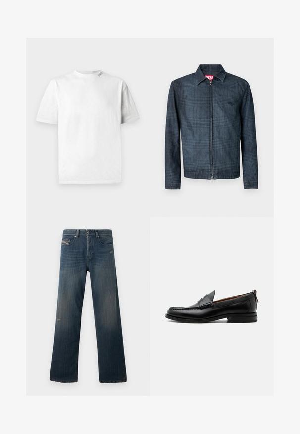 Dunkelblaue Jeansjacke mit strukturiertem Design, durchgehendem Reißverschluss vorne und einem Kragen. Verfügt über ein dezentes Karo-Muster und ein Logo.; Weißes Kurzarm-T-Shirt mit Rundhalsausschnitt, das über eine subtile Textur und ein kleines Logodetail auf der linken Schulter verfügt.; Blaue Jeans aus Denim mit einem geraden Bein, verblasster Textur, fransigem Saum und abgenutzten Details an der vorderen Tasche und im Oberschenkelbereich.; Schwarzer Leder-Herrenschuh mit Mokassinnaht, Penny-Riemen, strukturiertem Kragen und niedrigem gestapeltem Absatz auf weißem Hintergrund.