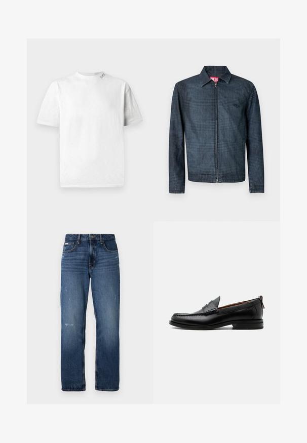 Mørkeblå denimjakke med struktureret design, fuld lynlås foran og krave. Har et diskret ternet mønster og logo.; Hvid kortærmet T-shirt med rund halsudskæring, der har en subtil tekstur og en lille logo-detail på venstre skulder.; Blå denim jeans med lige ben design. Har slidte områder og let slitage på forsiden, med en klassisk knaplukning.; Sort læder herre loafer med moc-tå syning, penny strop, struktureret krave og lav stablet hæl på hvid baggrund.
