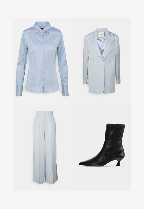 Elleme OVERSIZED TAILORING JACKET - Blazer - blue; Lichtblauw button-up shirt van gladde stof, met een klassieke kraag, lange mouwen en een rechte pasvorm met subtiele stikseldetails.; Elleme TAILORING TROUSERS - Broek - blue; Zwarte leren midkuitlaars met spitse neus en lage kittenhak, zijaanzicht op een effen lichte achtergrond.