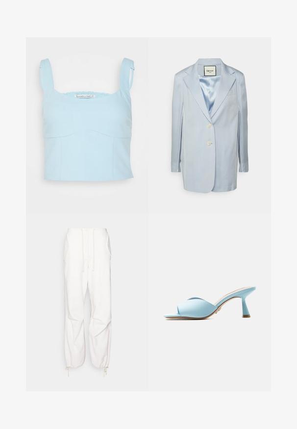 Elleme OVERSIZED TAILORING JACKET - Σακάκι - blue; Abercrombie & Fitch BARE TAILORING CORSET - Μπλούζα - crystal blue; Samsøe Samsøe TROUSERS - Παντελόνι - pristine; Ανοιχτό μπλε mule με φαρδιές διασταυρούμενες λουρίδες και φουσκωτή μεσαίου ύψους φτέρνα, εμφανίζεται πλευρικά σε λευκό φόντο.
