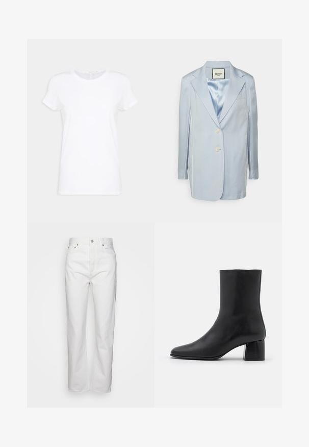 Elleme OVERSIZED TAILORING JACKET - Σακάκι - blue; Λευκό βαμβακερό t-shirt με κοντά μανίκια, στρογγυλή λαιμόκοψη και άνετη εφαρμογή. Λείος υφασμάτινος ιστός χωρίς ορατά σχέδια ή διακοσμητικά στοιχεία.; Agolde PINCH WAIST - Straight leg jeans - marshmallow; Μαύρη δερμάτινη μπότα στον αστράγαλο με μυτερή μύτη και χοντρό τετράγωνο τακούνι. Λείος υφή με άψογη σχεδίαση και ελάχιστη ραφή.