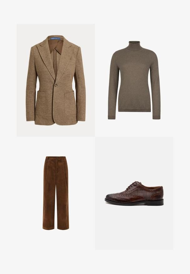 Brun tweed uldblazer med hakrevers, to forlommer med klap, enkelt knaplukning og brun indvendig kraveforing.; Brun langærmet rullekravebluse med ribstrikket krave, manchetter og kant, vist på en hvid baggrund.; Brune kordfløjls bukser med bred benvidde, en tekstureret overflade, plisseret front og lynlås lukning. Har et lille mærke på taljebåndet.; Brun læder herre wingtip selskabssko med brogue-detaljer og ternede stofsider, vist fra siden på en hvid baggrund.