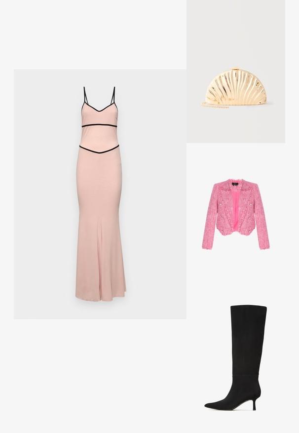 Beskåret lyserød tweedblazer med frynser, sølvknapper og glat lyserødt for, vist på hvid baggrund.; Rosa kjole med tynde sorte stropper, tætsiddende bodice og flagrende bund. Har horisontale sorte detaljer ved taljen og halsudskæringen. Glat tekstur.; Sort knæhøje støvler i glat ruskind med spids tå og slank stilettohæl. Har et sømløst design og minimale hardware accenter.; Halvcirkel formet clutch i guldmetal med udstrålende riller og en tynd kæderem, placeret mod en ensartet lys grå baggrund.