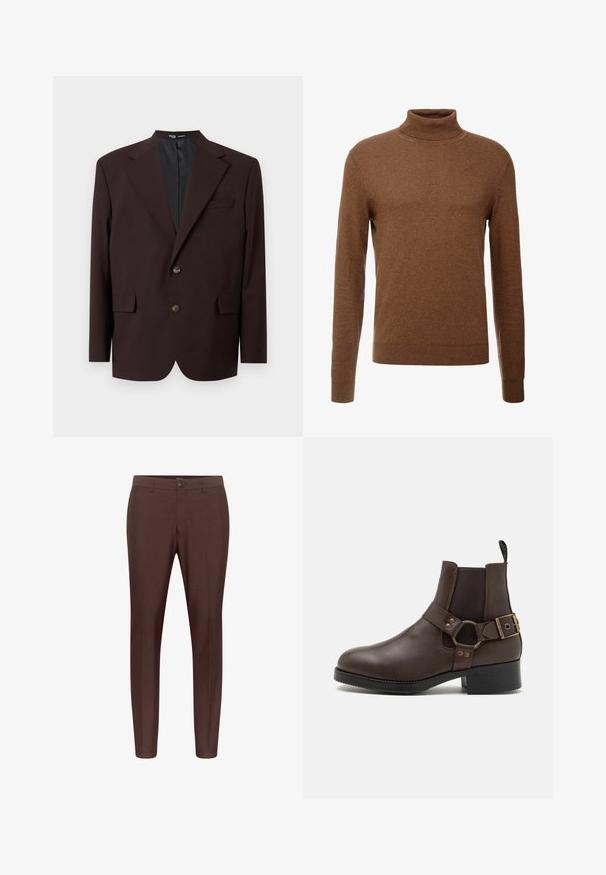 Selected SLHRELAX - Sakko - demitasse; Brauner Rollkragenpullover aus weichem Stoff, mit langen Ärmeln, gerippten Bündchen und tailliertem Schnitt ohne sichtbare Muster.; Braune maßgeschneiderte Hose mit flachem Frontdesign, Gürtelschlaufen und einem einzigen Knopfverschluss. Hergestellt aus einem glatten Stoff mit geradem Bein.; Steve Madden ANTONN - Cowboy-/Bikerstiefelette - dark brown