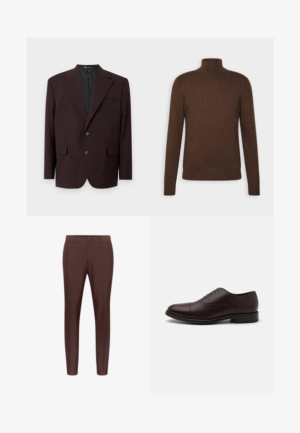 Selected SLHRELAX - Sakko - demitasse; Brauner Rollkragenpullover aus weichem Material, mit langen Ärmeln, tailliertem Design und gerippten Akzenten am Kragen und Saum.; Braune maßgeschneiderte Hose mit flachem Frontdesign, Gürtelschlaufen und einem einzigen Knopfverschluss. Hergestellt aus einem glatten Stoff mit geradem Bein.; Braune Lederdressschuhe mit glatter Oberfläche, runder Zehenform, fünf Ösen-Schnürung und niedrigem, gestapeltem Absatz.