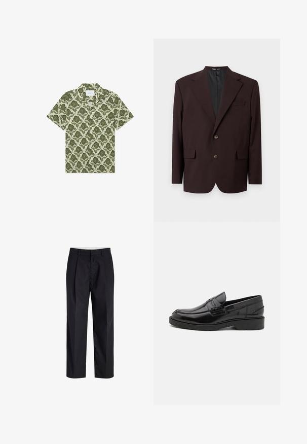 Selected SLHRELAX - Americana - demitasse; Camisa de manga corta con un patrón floral verde sobre un fondo beige claro. Presenta un cuello y una etiqueta con la inscripción "Les Deux".; Pantalones negros de tiro recto con cinturilla, trabillas, cremallera frontal y bolsillos laterales mostrados sobre un fondo blanco.; Mocasines de cuero negro con un acabado suave, punta redondeada, tacón bajo y costura decorativa en la parte delantera. Suela de goma para mayor agarre.