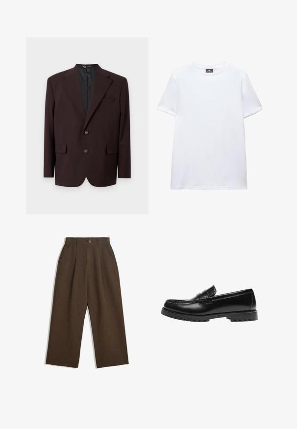 Selected SLHRELAX - Veste de costume - demitasse; T-shirt blanc uni en coton à manches courtes avec col rond et étiquette noire de la marque Pull&Bear à l’intérieur du col.; Pantalons plissés marron au design large, avec une fermeture à bouton et des poches latérales, en tissu texturé adapté à une tenue décontractée.; Mocassin en cuir noir avec une semelle en caoutchouc épaisse et un détail classique de bride à monnaie, vu de côté extérieur.