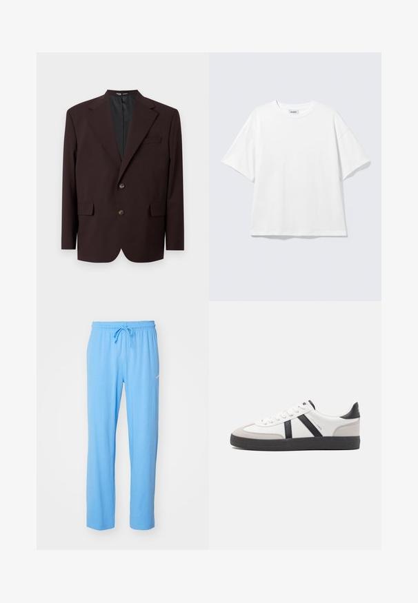 Selected SLHRELAX - Bleiserjakk - demitasse; Valge liibuv oversized lühikeste varrukatega t-särk ümar kaelusega, langevate õlgadega, tasapinnal helehalli taustal.; Heledad sinised dressipüksid pehmest kangast, millel on elastne vöökoht koos paelaga ja väike logoaktsent puusa lähedal.; Valged tossud mustade ja hallide aktsentidega, tekstureeritud halli varbakattega, musta kummitald ja lamedad valged paelad. Puhtad jooned, minimalistlik stiil.