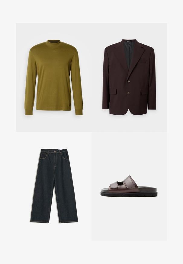 Selected SLHRELAX - Blazerjasje - demitasse; Olijfgroene longsleeve turtleneck shirt van zacht materiaal, met een getailleerd ontwerp en ribbelboorden bij de nek en manchetten.; Donkerblauwe jeans met wijde pijpen, voorzien van een knoopsluiting aan de voorkant, ritssluiting en een ontwerp met vijf zakken, met zichtbare gele stiksels.; Bruine leren sandaal met twee verstelbare klittenbandsluitingen en een zwarte gevoerde zool op een witte achtergrond.