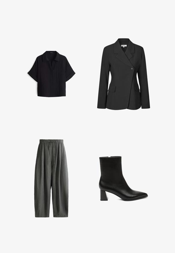 Zwarte damesblazer met lange mouwen, asymmetrische knoopsluiting aan de voorkant, inkepingsrevers en twee klepzakken op de taille.; ZwarteT-shirt met korte mouwen en een kraaghalslijn, gemaakt van een textuur- en ribstof en met een losse pasvorm. Geen zichtbare sluitingen.; Donkergrijze broek met wijde pijpen, subtiele verticale strepen, een elastische tailleband en een trekkoord aan de voorkant.; Zwarte leren enkelboot met een spitse neus, soepele textuur en een vierkante blokhak met een metalen accent. Rits sluiting aan de achterkant.
