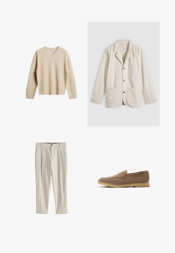 Beige casual blazer met drie knopen aan de voorkant, een borstzak, twee lagere opgestikte zakken en een reverskraag, plat neergelegd op een grijze achtergrond.; Beige, geribbelde trui met V-hals en lange mouwen. Heeft een ontspannen pasvorm en een gestructureerde stof voor extra warmte en comfort.; Next REGULAR TAPERED FIT - PREMIUM HERRINGBONE WITH ELASTICATED WAIST - Chino - neutral; Lichte bruine suède herenloafer met moc-toenaad en een beige rubberen zool, zijaanzicht tegen een witte achtergrond.