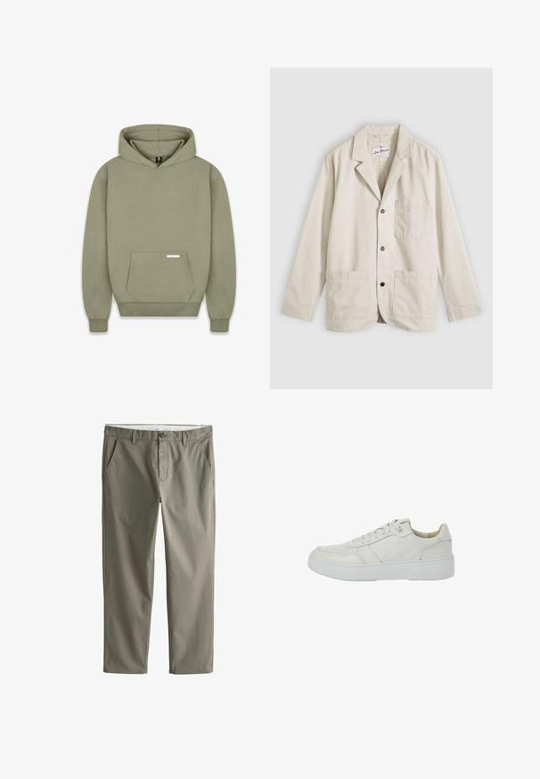 Blazer décontracté beige avec trois boutons sur le devant, une poche poitrine, deux poches plaquées inférieures et un col cranté, posé à plat sur un fond gris.; Sweat-shirt à capuche vert olive, avec des manches longues, une poche kangourou à l'avant, des poignets côtelés, et une petite étiquette sur la poche.; Pantalons chinos beige pour hommes, coupe droite, avec poches avant, passants pour ceinture, fermeture boutonnée et braguette zippée, sur fond blanc.; Baskets blanches en cuir avec un dessus texturé, bout rond, lacets plats et une épaisse semelle en caoutchouc blanc. Comprend des détails perforés sur le bout.