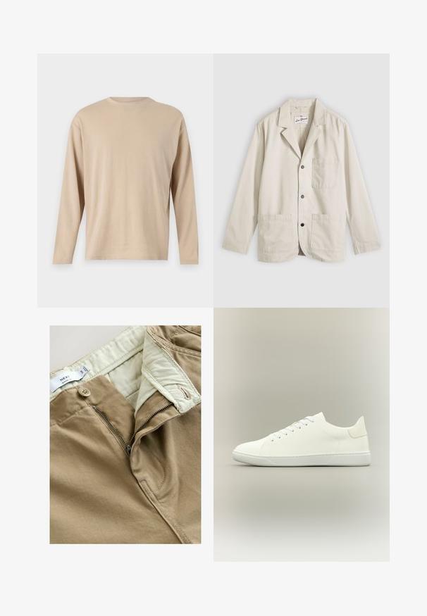 Beiger Freizeitblazer mit drei vorderen Knöpfen, einer Brusttasche, zwei unteren aufgesetzten Taschen und einem Reverskragen, flach auf einem grauen Hintergrund liegend.; Beige Langarmshirt aus weichem Stoff mit geradem Schnitt, Rundhalsausschnitt und minimalen Nähten entlang des Saums und der Ärmel.; Khaki-Chinos mit einem Knopf- und Reißverschlussverschluss, ausgestattet mit einer weichen Stoffstruktur und einer Innenbundverkleidung in Hellbeige.; Weißer Sneaker mit niedrigem Schnitt, Schnürsenkeln, Obermaterial aus glattem Leder und flacher Gummisohle vor neutralem Hintergrund.