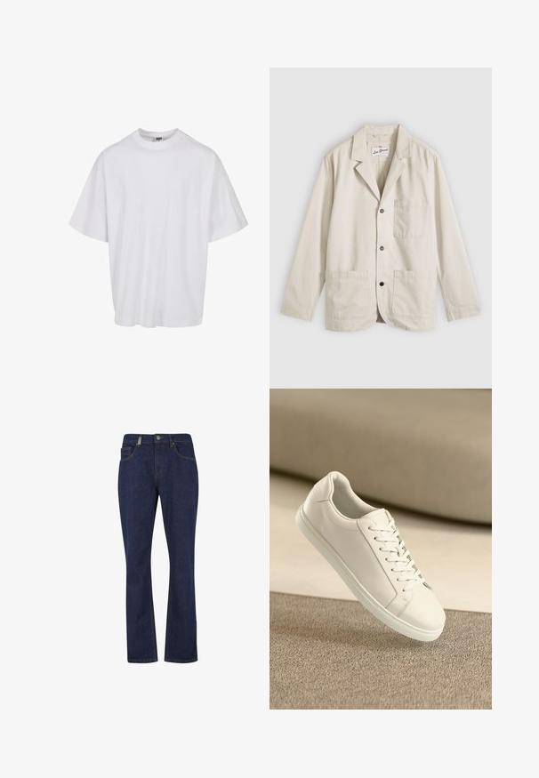 Blazer décontracté beige avec trois boutons sur le devant, une poche poitrine, deux poches plaquées inférieures et un col cranté, posé à plat sur un fond gris.; T-shirt en coton blanc avec un col rond et des manches courtes, présentant une coupe ample et des détails de couture subtils.; Jean denim bleu foncé à jambes droites avec bouton et fermeture éclair à l'avant, comprenant des poches avant et arrière et des détails de couture visibles.; Baskets en cuir blanc avec des lacets blancs, exposées sur une surface beige texturée et avec un arrière-plan flou doux.