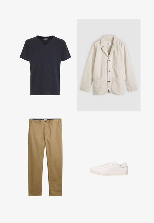 Blazer décontracté beige avec trois boutons sur le devant, une poche poitrine, deux poches plaquées inférieures et un col cranté, posé à plat sur un fond gris.; T-shirt noir à manches courtes avec un col en V et un design simple et épuré, présenté sur fond blanc.; Pantalon en coton kaki à coupe droite, doté de poches latérales, d'une fermeture à bouton et d'un tissu texturé.; Baskets basses blanches avec fermeture à lacets et semelle plate, montrées en profil latéral sur fond blanc.