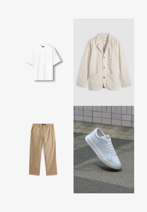 Blazer beige casual con tres botones delanteros, un bolsillo en el pecho, dos bolsillos inferiores de parche y un cuello con muesca, extendido sobre un fondo gris.; Camiseta blanca lisa de manga corta, de corte holgado, con cuello redondo y etiqueta negra en el interior del cuello trasero, exhibida sobre un fondo claro.; Pantalones beige de pierna recta con cierre de botón y cremallera, trabillas para cinturón y bolsillos laterales, colocados planos sobre un fondo blanco.; Zapatilla blanca de corte bajo con cordones flotando sobre asfalto texturizado y superficie de baldosas beige en el fondo.
