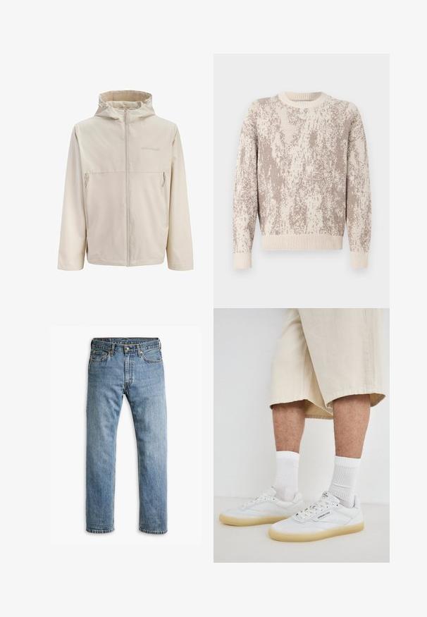 Veste à capuche beige avec fermeture éclair à l'avant et deux poches latérales zippées, en tissu lisse et léger.; Pull en tricot couleur crème et beige avec un motif abstrait texturé. Doté d'un col rond et de poignets et d'un ourlet côtelés.; Jeans en denim bleu à jambe droite avec cinq poches, passants de ceinture et fermeture à bouton en métal sur un fond blanc.; Baskets blanches en cuir avec semelles en caoutchouc, présentant des accents perforés, des lacets et un logo sur la languette. Portées avec des chaussettes blanches et des shorts beiges.