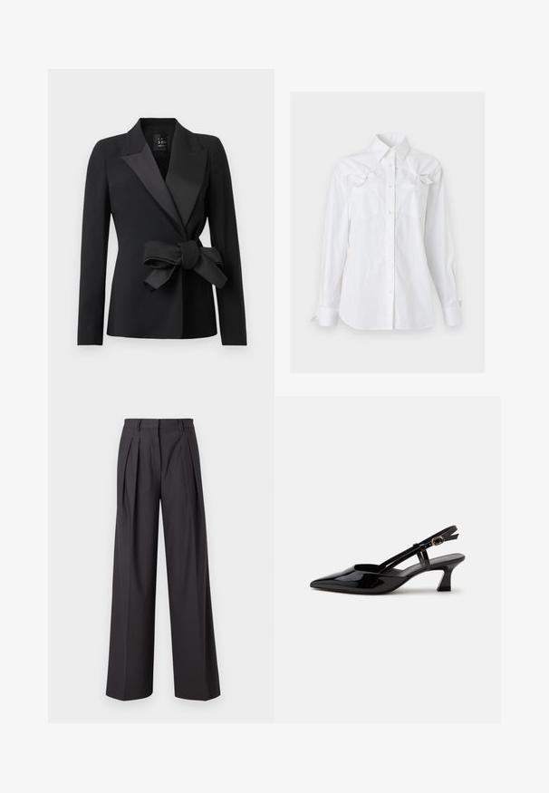 Blazer noir sur mesure avec larges revers en satin et un grand nœud noué à la taille, manches longues et silhouette ajustée.; Chemise blanche à manches longues, boutonnée, avec un col et deux poches poitrine, chacune ornée d'un noeud décoratif près du haut.; Pantalons à jambe large en tissu gris anthracite, avec des plis sur le devant, une texture lisse, une taille mi-haute et des passants de ceinture.; Chaussure slingback en cuir verni noir à petit talon, bout pointu et bride réglable avec boucle dorée sur fond blanc.