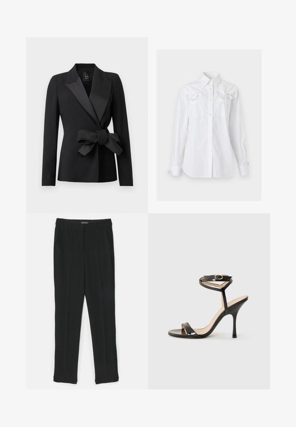 Zwarte op maat gemaakte blazer met brede satijnen revers en een grote strik in de taille, lange mouwen en een aangesloten silhouet.; Witte blouse met lange mouwen, knoopsluiting, kraag en twee borstzakken, elk voorzien van een decoratieve strik vlak bij de bovenkant.; Zwarte broek met een recht gesneden ontwerp, voorzien van plooien, zijzakken en een gladde textuur. Gemaakt van een lichtgewicht stof.; Zwarte laarzen van gepatenteerd leer met hoge hakken, dunne enkelband met gesp, open teen en slanke stilettohak op een witte achtergrond.
