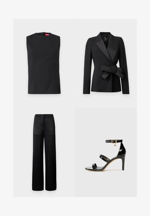 Blazer noir sur mesure avec larges revers en satin et un grand nœud noué à la taille, manches longues et silhouette ajustée.; Top noir sans manches avec un col haut, des pinces sur le devant et une fermeture éclair invisible au dos. Fabriqué en tissu lisse avec une coupe structurée.; Pantalons noirs à jambes larges avec une surface texturée, dotés d'une taille plate et de deux poches latérales. Le tissu semble léger et fluide.; Sandale en cuir verni noir avec trois brides, boucle de cheville et talon aiguille de 10 cm. Présente un détail en métal doré et un charm logo.