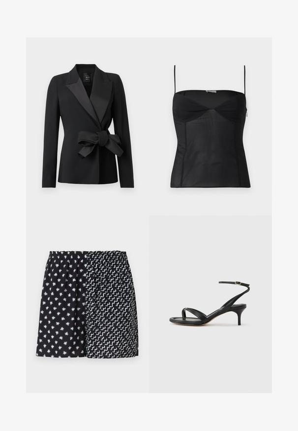 Blazer noir sur mesure avec larges revers en satin et un grand nœud noué à la taille, manches longues et silhouette ajustée.; Haut noir ajusté sans manches avec fines bretelles, encolure en cœur et détails de coutures sur un fond blanc uni.; Short noir à taille élastique avec deux motifs : étoiles blanches à gauche et lignes blanches en zigzag à droite.; Sandale pour femme en cuir noir avec fines lanières, une boucle d'orteil, une boucle à la cheville et un talon aiguille de hauteur moyenne sur un fond neutre.