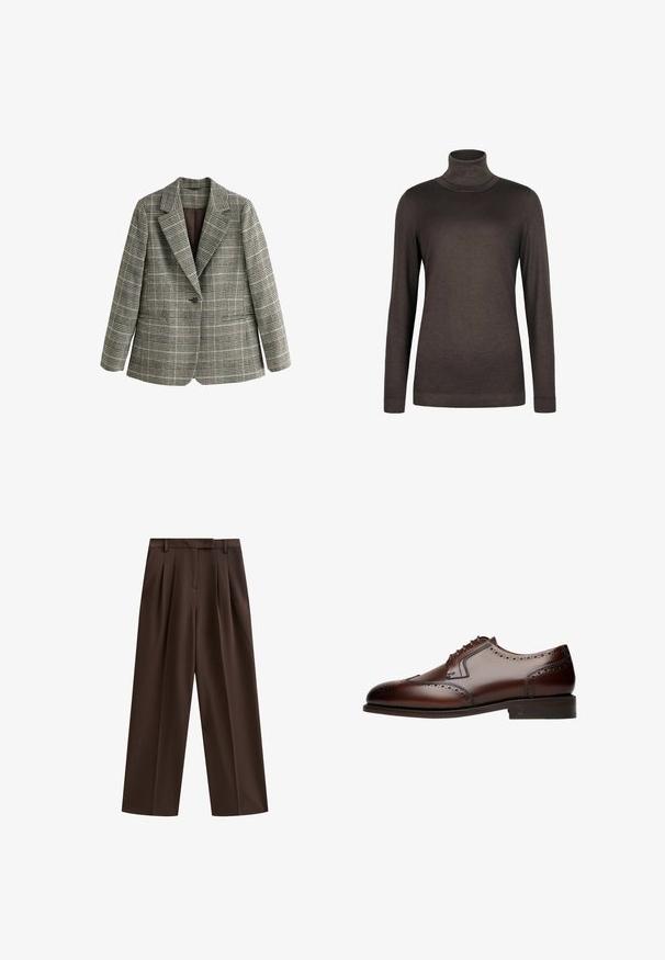 Blazer à carreaux gris à un seul bouton avec revers crantés et manches longues, exposé sur fond blanc.; Pull à col roulé marron en tissu doux. Il dispose de manches longues et d'une coupe ajustée. Texture lisse avec un col et un ourlet côtelés.; Pantalons marron à taille large avec des plis, une ceinture plate et des passants de ceinture ; texture lisse et design ajusté. Idéal pour une tenue décontractée ou formelle.; Chaussure de ville en cuir marron avec des détails brogue, bout arrondi et laçage à cinq œillets, reposant sur une semelle plate et texturée.