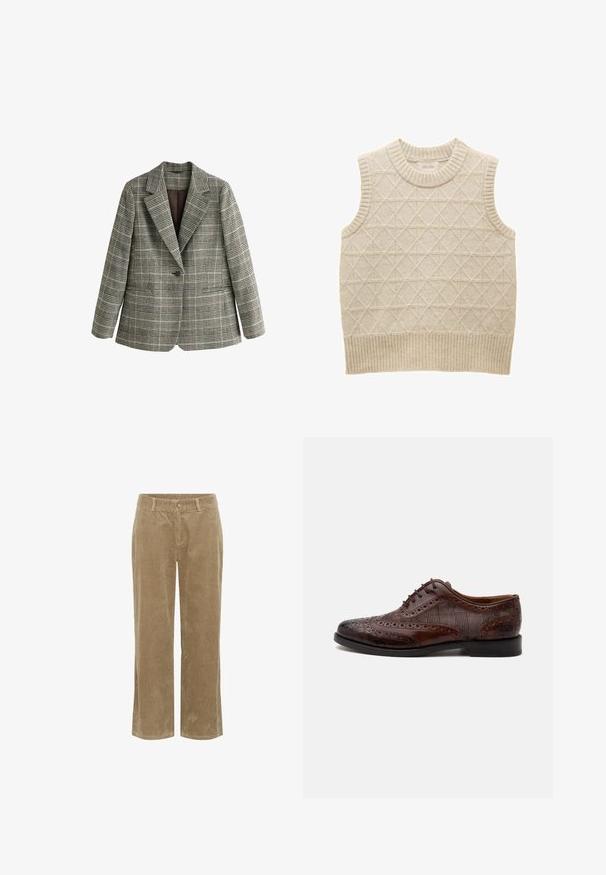 Grå ternet blazer med enkelt knap og hakkede revers samt lange ærmer, vist på hvid baggrund.; Beige strikket ærmeløs sweater med diamantmønster, ribbet krave og kant, lavet af blødt materiale for komfort. Mærket er synligt indeni.; Beige kordfløjelbukser med bæltesløjfer, frontknap, lynlås og lige ben.; Brun læder herre wingtip selskabssko med brogue-detaljer og ternede stofsider, vist fra siden på en hvid baggrund.