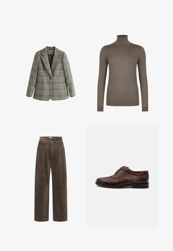 Grå ternet blazer med enkelt knap og hakkede revers samt lange ærmer, vist på hvid baggrund.; Brun rullekrave sweater lavet af blødt strikstof. Har lange ærmer og en tætsiddende silhuet med ribbede manchetter og kant.; Brune corduroy brede benbukser med folder, der har en blød tekstur og en mellemhøj talje. Kantafslutningerne er rene og lige.; Brun læder herre wingtip selskabssko med brogue-detaljer og ternede stofsider, vist fra siden på en hvid baggrund.