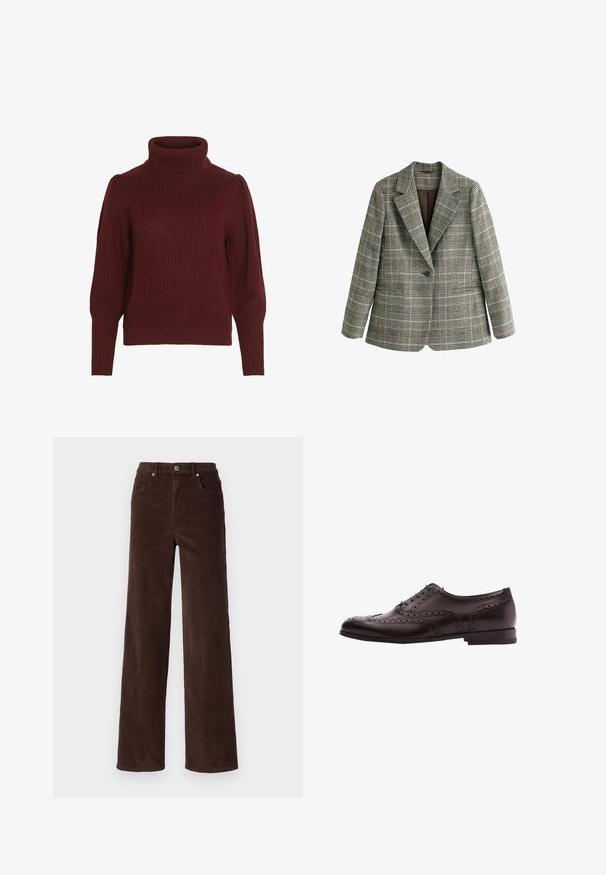 Grå ternet blazer med enkelt knap og hakkede revers samt lange ærmer, vist på hvid baggrund.; Bordeaux strikket sweater med høj krave, ribbet tekstur, lange ærmer og samlet detaljer på skuldrene.; Vero Moda VMTESSA WIDE PANTS - Bukser - chocolate torte; Brune læder dress sko med brogue-detaljer, snørebånds lukning, rund tå og en lav stablet hæl. Poleret finish og indviklede perforeringer.