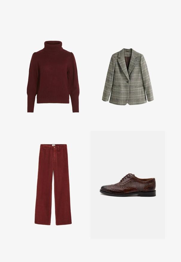 Grijze geruite blazer met één knoop, met ingesneden revers en lange mouwen, getoond op een witte achtergrond.; Bordeaux gebreide trui met hoge kraag, geribbelde textuur, lange mouwen en geplooide details op de schouders.; Corduroy broek in diep bordeauxrood, met brede pijpen, een knoopsluiting en zichtbare ribbelstructuur door de stof.; Bruine leren herenschoen met vleugelstuk, brogue-details en geruite stoffen zijpanelen, zijaanzicht op een witte achtergrond.