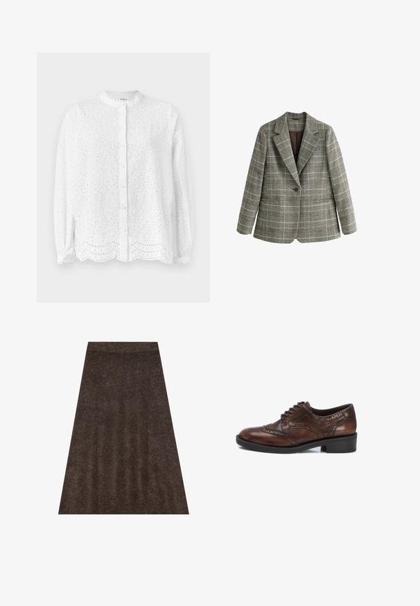 Blazer de cuadros gris con un solo botón, solapas con muesca y mangas largas, mostrado sobre fondo blanco.; Blusa blanca con escote redondo, mangas largas y cierre de botones; presenta recortes bordados y un dobladillo festoneado.; Falda de punto marrón con un diseño acampanado, cinturilla elástica y una sutil textura en toda su superficie. La tela parece suave y cálida.; Zapato de vestir de cuero marrón con diseño de punta de ala, detalles perforados, puntera redonda y suela de goma negra. Presenta un cierre clásico con cordones.