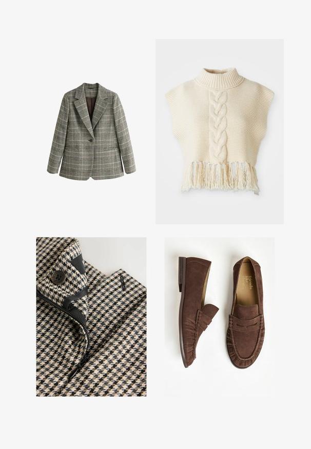 Grå ternet blazer med enkelt knap og hakkede revers samt lange ærmer, vist på hvid baggrund.; Elfenbenstrikket sweater med høj krave, med et centralt flettet mønster og frynset kant. Korte, cap-sleeve ærmer, tekstureret stof.; Close-up af et beige, sort og hvid hundetandsmønstret beklædningsstykke med en sort knap og delvist åben sort lynlås.; Brune ruskinds loafers med flad hæl, der har et plisseret design og stikninger. Indvendigt har de en lys foring.