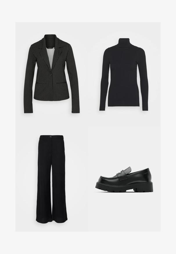 Vero Moda Tall VMMONI - Blazer - black/white; Sort ribbet rullekravesweater med lange ærmer og en tætsiddende silhuet. Teksturen er glat med et vandret ribmønster.; Sorte bukser med bred ben, lavet af letvægtsstof, der har en glat tekstur, frontknaplukning og sidelommer.; Sorte læder loafers med en chunky tekstureret sål, der har en rem over vamps og en glat, poleret finish.