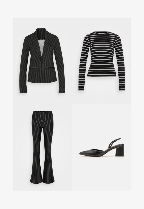Vero Moda Tall VMMONI - Blazer - black/white; Sort langærmet top med horisontale hvide striber. Lavet af ribbet stof med rund halsudskæring og tætsiddende silhuet.; ONLY ONLFEVER PINSTRIPE FLARED - Bukser - black/pumice stone; Sort lædersko med slingback, spids tå, lav blokhæl og minimalistisk design med tynde remme og glat tekstur.