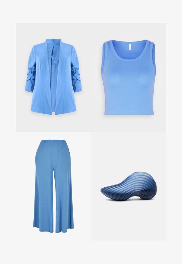 Lyseblå blazer med åben front, strukturerede skuldre og samlede ærmer, lavet af et glat stof uden synlige lukninger.; ONLY ONLKENYA CROPPED - Top - ultramarine; Lysblå bredde bukser lavet af blødt stof, med en elastisk talje og en løs pasform, der strækker sig til midt på læggen.; Glat, blåt objekt med bølget tekstur formet som en abstrakt skal eller bælg, der hviler på en hvid overflade.