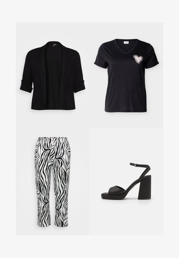 Mustamata riietustekstuuriga must bleiser, millel on šaalikaelus, keeratud varrukad, kaks esist taskut ja avatud esiosa disain.; Mustast V-kaelusega lühikeste varrukatega T-särk, mille varrukaservad on üles keeratud, rinnal roosa südamekujulise plaastri ja väikeste naelakestega ning ümbritseva motiveeriva tekstiga.; Mustristatud must-valged püksid, millel on voolav disain, elastne vöökoht ja kergelt laienevad sääred, millel on tekstuuriline viimistlus.; Mustad satiinsed sandaalid kontsaga, laia eesrihma, avatud varbaosa, pahkluu rihma ja robustse kandega. Sile tekstuur ja minimalistlik disain.