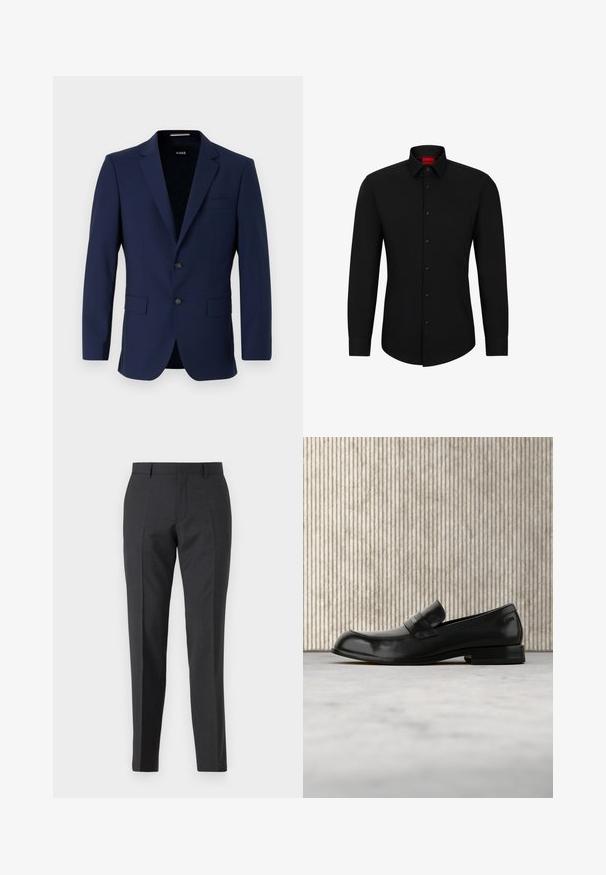 Marineblå skræddersyet blazer med to knapper, reverskrave og påsyede lommer. Glat tekstur med et minimalistisk design. Brandlogo synligt indeni.; Sort langærmet skjorte med knaplukning foran, klassisk krave og rundet kant; har sorte knapper og et rødt logo indeni kraven.; Mørkegrå skræddersyede bukser med lige pasform, der har sidelommer og en diskret tekstur. Lukkemekanismer inkluderer en lynlås og bæltestropper.; Sort læderloafer med metalaccent, vist svævende over et beige tæppe, med et rundt, ravfarvet bord i baggrunden.