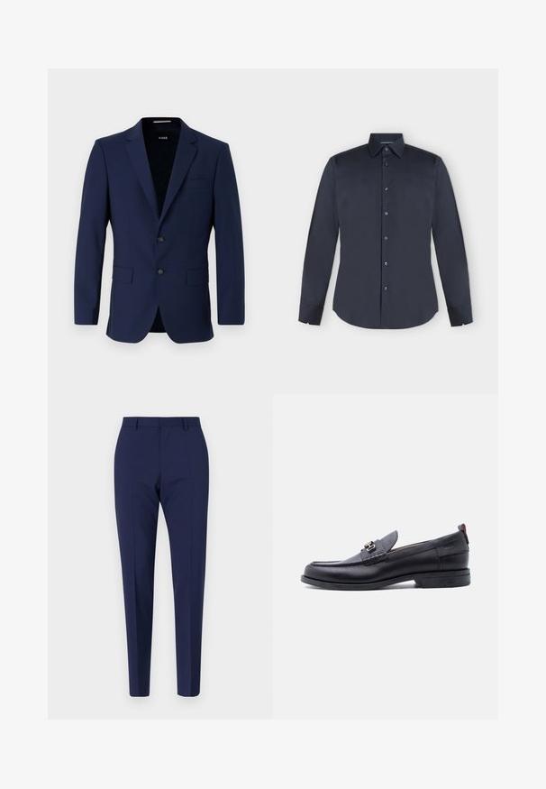 Marineblaues, maßgeschneidertes Blazer mit zwei Knöpfen, Reverskragen und aufgesetzten Taschen. Glatte Textur mit minimalistischem Design. Markenlogo innen sichtbar.; Dunkelblaues Herrenhemd mit langen Ärmeln, Knopfleiste, spitzem Kragen und geknöpften Manschetten auf hellgrauem Hintergrund.; Marineblau maßgeschneiderte Hose mit schlanker Passform, die eine glatte Textur, einen flachen Vorderteil und gepolsterte Beine aufweist. Keine sichtbaren Taschen oder Verzierungen.; Schwarzer Lederloafer mit grauem, strukturiertem Vorderblatt, silberner Metallschnalle, niedrigem Absatz und Zuglasche hinten.