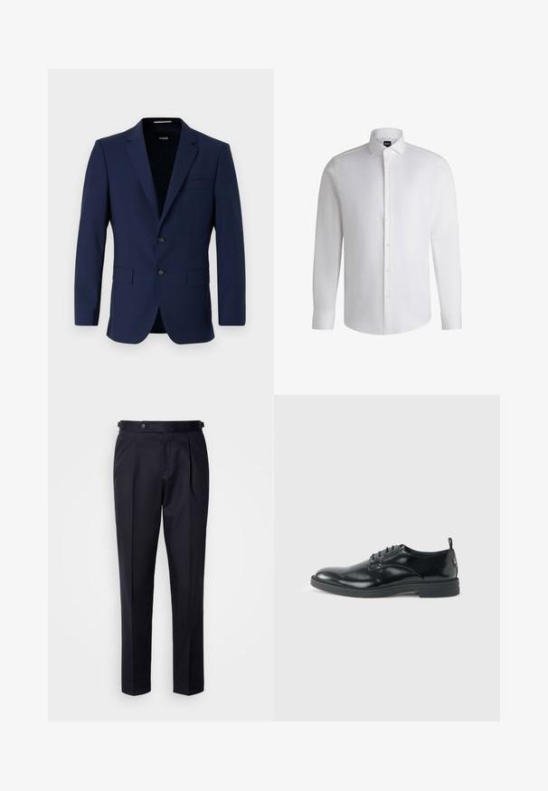 Marineblaues, maßgeschneidertes Blazer mit zwei Knöpfen, Reverskragen und aufgesetzten Taschen. Glatte Textur mit minimalistischem Design. Markenlogo innen sichtbar.; Weißes Langarmhemd aus glattem Baumwollstoff, mit klassischem Kragen, durchgehender Knopfleiste und geknöpften Manschetten. Minimalistisches Design.; Marineblaue Anzughose aus glattem Stoff mit einer vorderen Bügelfalte, geraden Beinen und einem Bund mit Knopfverschluss.; Glänzender schwarzer Lederschuh mit niedrigem Absatz, Schnürverschluss und runder Kappe, seitlich auf hellem, schlichten Hintergrund gezeigt.