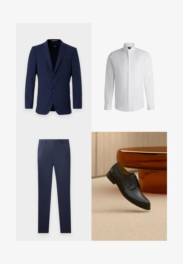 Blazer ajustado de color navy con dos botones, cuello solapa y bolsillos de parche. Textura suave con un diseño minimalista. Logo de la marca visible en el interior.; Camisa blanca de manga larga hecha de algodón suave, con un cuello clásico, botonera completa y puños abotonados. Diseño minimalista.; Pantalones azul marino con un sutil patrón de cuadros, confeccionados en una tela suave con un corte entallado y perneras rectas, sin herrajes visibles.; Zapato de vestir negro de cuero con cordones flotando sobre una alfombra beige, con una mesa redonda naranja al fondo.