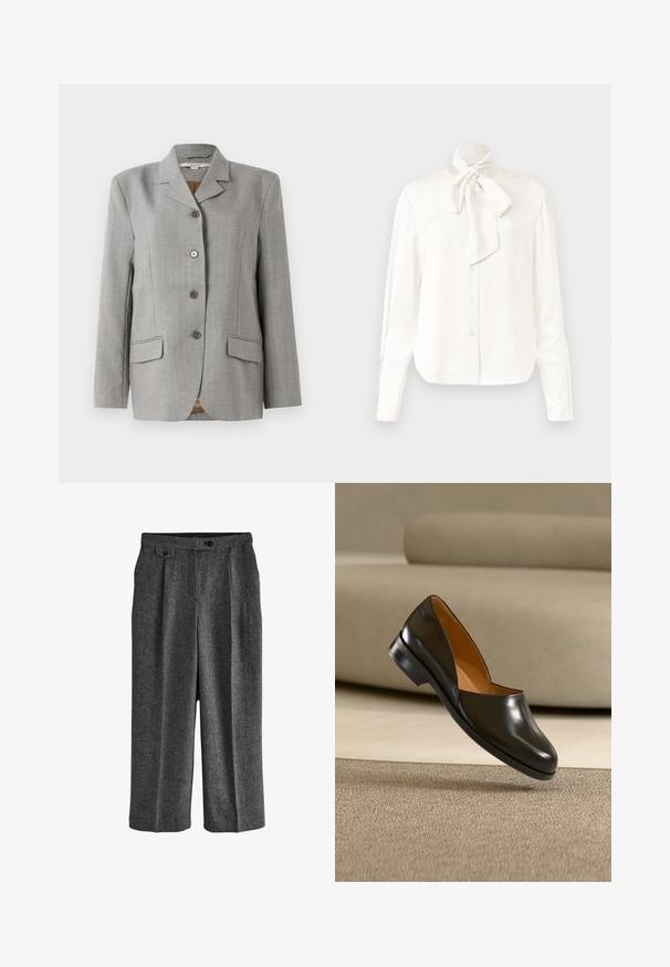 Grauer kariert Blazer mit geknöpften Revers, vier Frontknöpfen, zwei Taschen an den Seiten und einer glatten Textur.; Weißes Langarmbluse aus leichtem Stoff mit hohem Kragen und großem Schleifendetail am Hals, mit einer Knopfleiste vorne.; Hoch taillierte, dunkelgraue, weit geschnittene Hosen aus strukturiertem Stoff mit gegabelten Seitenknöpfen, vorderen Falten und einem Knopfverschluss am Bund.; Schwarzer Lederschlupfschuh mit niedrigem Absatz, schwebend über einem strukturierten beigen Teppich, beiges Sofa im Hintergrund.