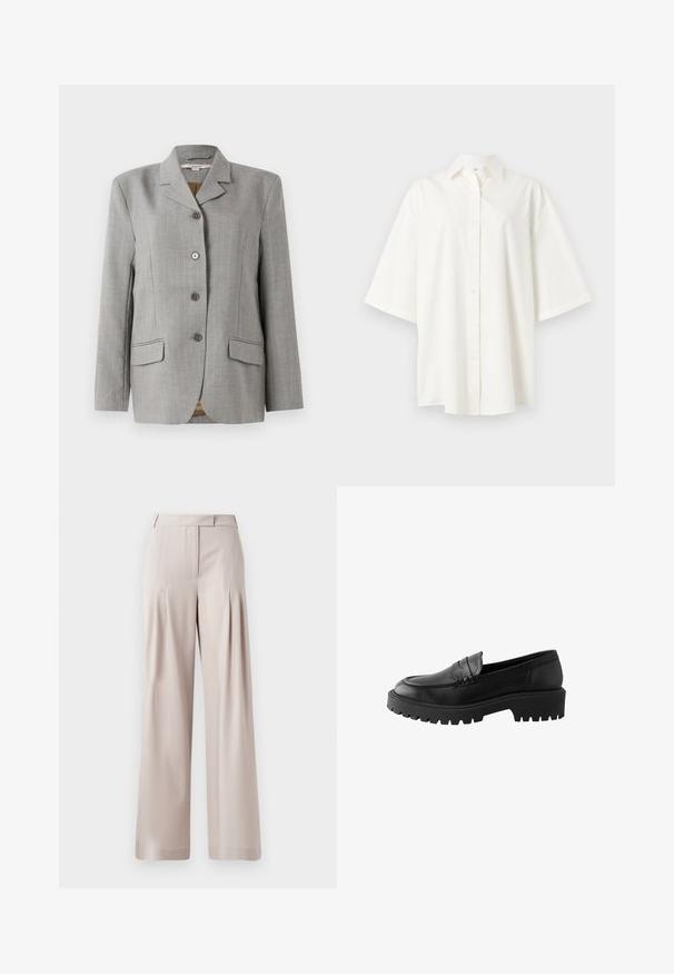 Blazer de cuadros gris con cuello de muesca, cuatro botones delanteros, dos bolsillos laterales y una textura suave.; Camisa blanca de manga corta con botones, cuello, dobladillo recto y corte holgado sobre un fondo liso y claro.; Pantalones de pierna ancha en color beige con una textura suave, diseño con pliegues en la parte delantera y una cintura ajustada. Aptos para ocasiones formales o informales.; Mocasín de cuero negro con puntera redondeada, detalle de costura elevada y suela de goma gruesa con surcos profundos para mayor tracción.