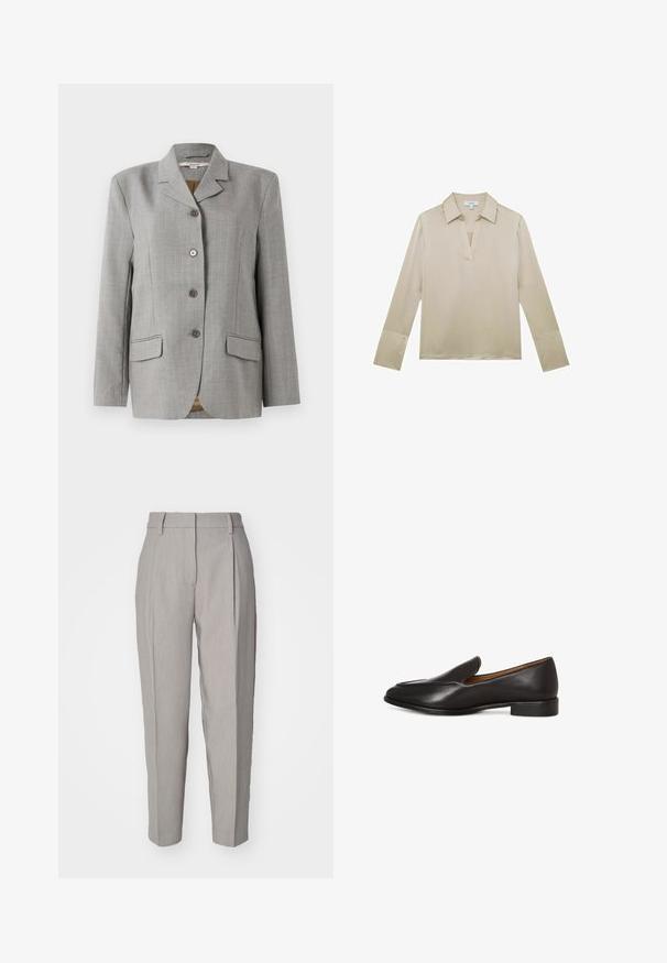 Grå ternet blazer med nøddekrave, fire frontknapper, to sidelommer og en glat tekstur.; Beige bluse med lange ærmer, V-hals og manchetter med knapper, vist på hvid baggrund.; Lys grå skræddersyede bukser med en glat tekstur, plisseret front og lige ben-design. Har bæltestropper og en poleret finish.; Sorte læderslips-on sko med rund tå, der har en lav blokhæl og tekstureret overdel. Enkel design uden synlige detaljer.