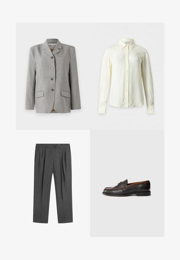Grå ternet blazer med nøddekrave, fire frontknapper, to sidelommer og en glat tekstur.; Langærmet cremefarvet bluse med spids krave og knapper foran, vist på ensartet baggrund uden mønstre eller yderligere genstande.; Mørkegrå skræddersyede bukser med forreste læg, sidelommer, knap i taljen og lynlås.; Sorte læder loafers med en glat overflade, rund tå og stikninger. Har en lav hæl og minimalistisk design.
