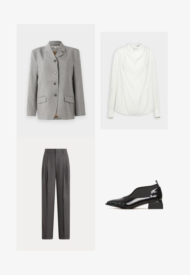 Grauer kariert Blazer mit geknöpften Revers, vier Frontknöpfen, zwei Taschen an den Seiten und einer glatten Textur.; Anna Field Tunika - off-white; Dunkelgraue, hoch taillierte, maßgeschneiderte Hose mit vorderen Falten, Gürtelschlaufen, Seitentaschen und breiten, geraden Beinen.; Schwarzer Lacklederschuh mit spitzem Zehenbereich, elastischen seitlichen Einsätzen und einem Blockabsatz. Glatte Oberfläche mit minimalem Zubehör.