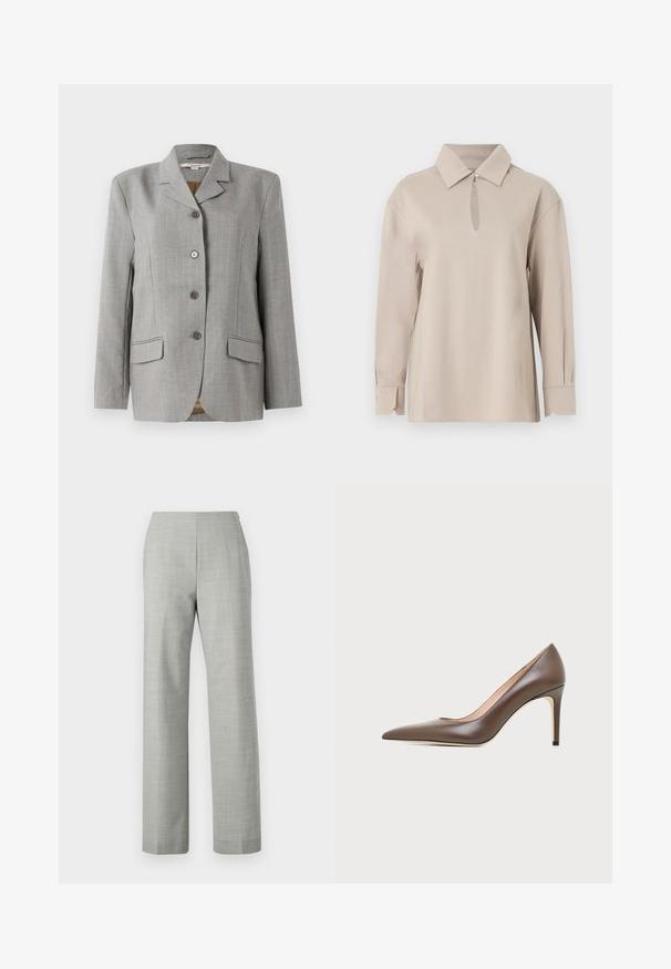 Grå ternet blazer med nøddekrave, fire frontknapper, to sidelommer og en glat tekstur.; Beige langærmet skjorte med spidst krave og en enkelt knap ved halsudskæringen, der skaber en lille nøglehulsåbning.; Grå skræddersyede bukser med lige ben, lavet af et struktureret stof. Har en glat talje og en ren, minimalistisk finish.; Brun læder peptået højhælet sko med en slank stilethæl og glat finish på en lys baggrund.