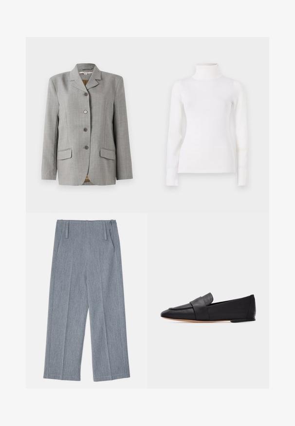 Blazer de cuadros gris con cuello de muesca, cuatro botones delanteros, dos bolsillos laterales y una textura suave.; Suéter blanco de cuello vuelto, diseño ajustado, mangas largas, textura suave, tela lisa, detalles mínimos, puños y cuello acanalados.; Pantalones de pierna ancha en gris claro, hechos de una tela texturizada, que presentan dos pliegues frontales y dos bolsillos laterales. Diseño limpio y a medida.; Mocasín plano de cuero negro con punta puntiaguda, banda ancha en la parte frontal y suela marrón clara, mostrado de perfil sobre fondo blanco.